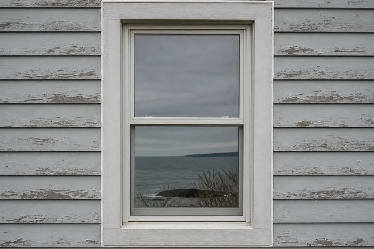 Straight-on shot of a window trim and caulk line on a coastal home with no visible flashing detail at the sill, flat overcast daylight