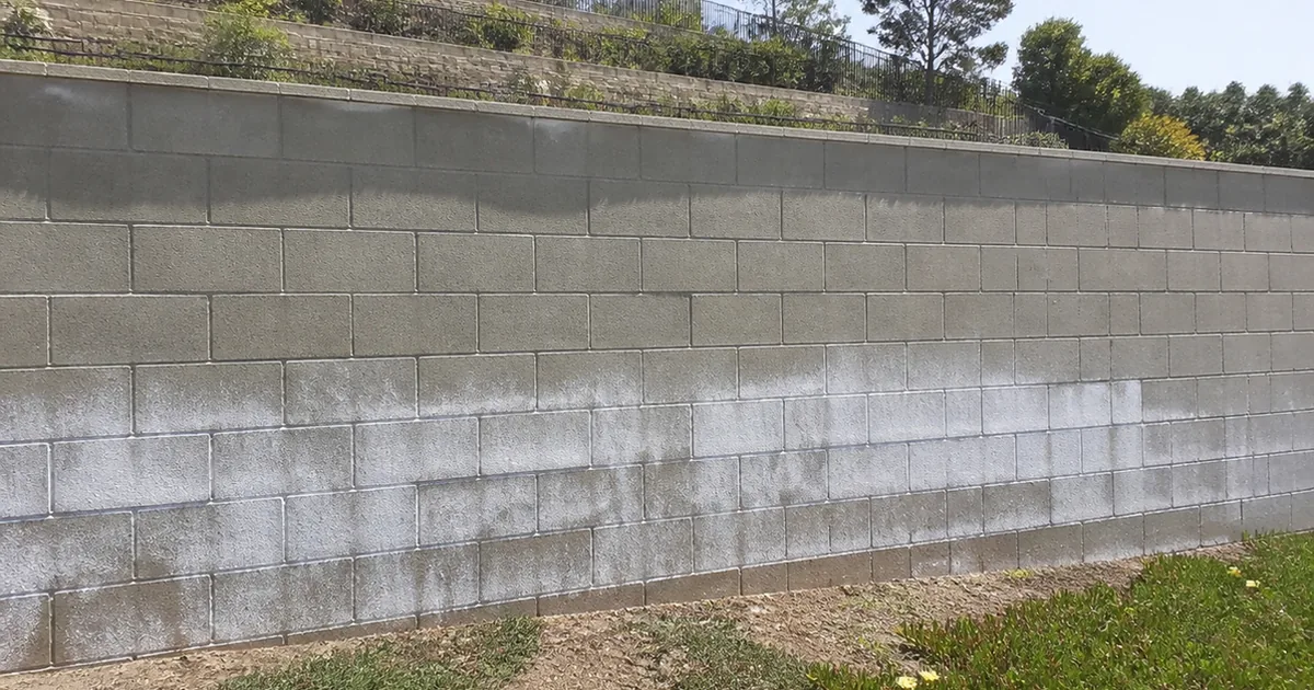 A concrete block retaining wall on a La Mesa hillside lot with a broad chalky white efflorescence stain across the lower courses