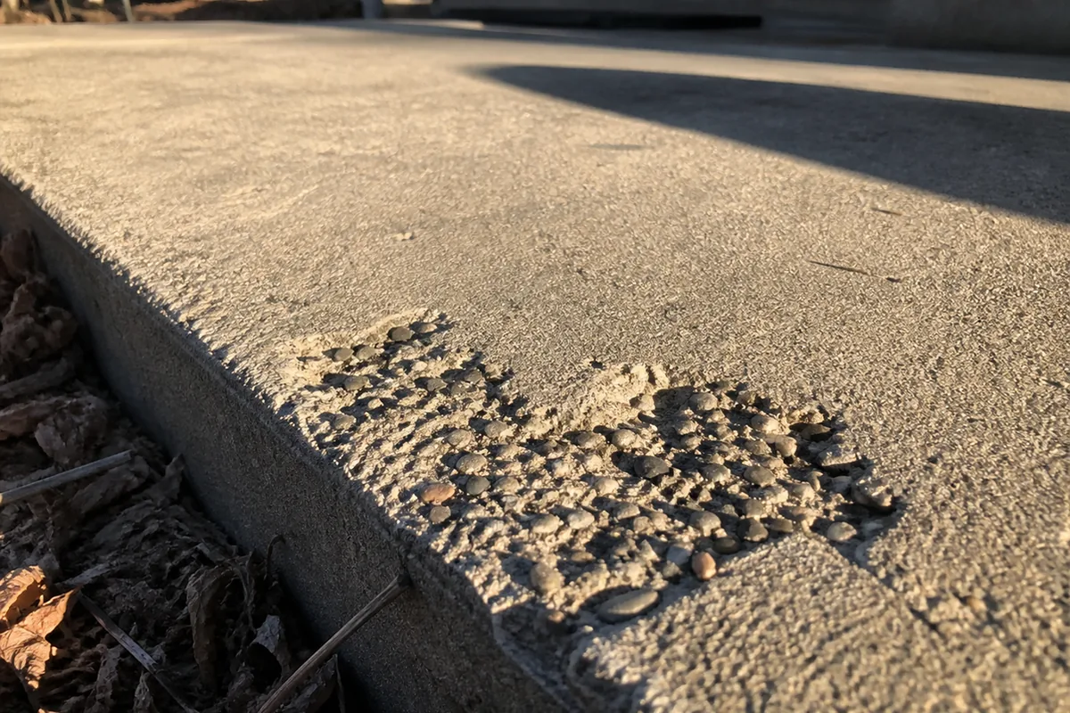Exterior concrete patio slab at a raking low angle showing a patch of surface spalling with popped-out aggregate near the edge, no rebar visible