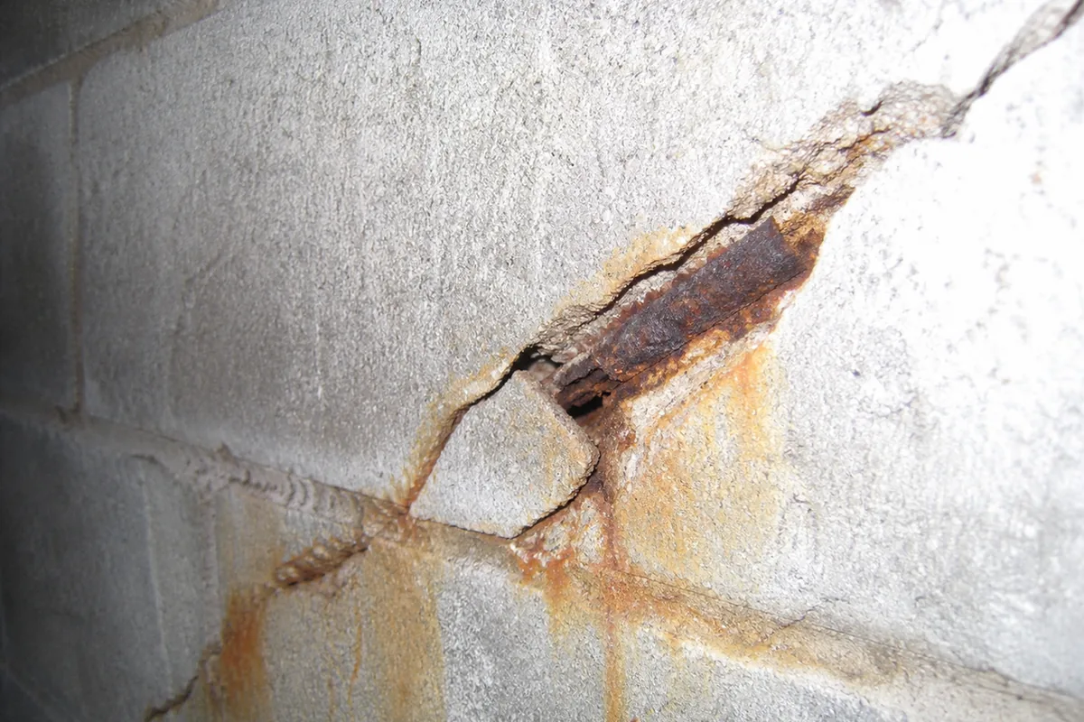 Close macro view of a rust-stained diagonal crack in a concrete block wall with a small area of exposed corroded reinforcing steel
