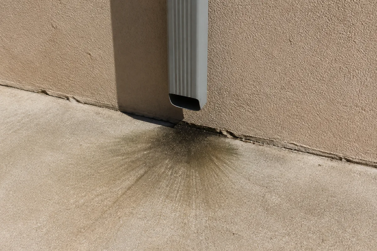 A downspout ending a few inches above a concrete walkway with no extension or splash block, water staining visible on the pavement below