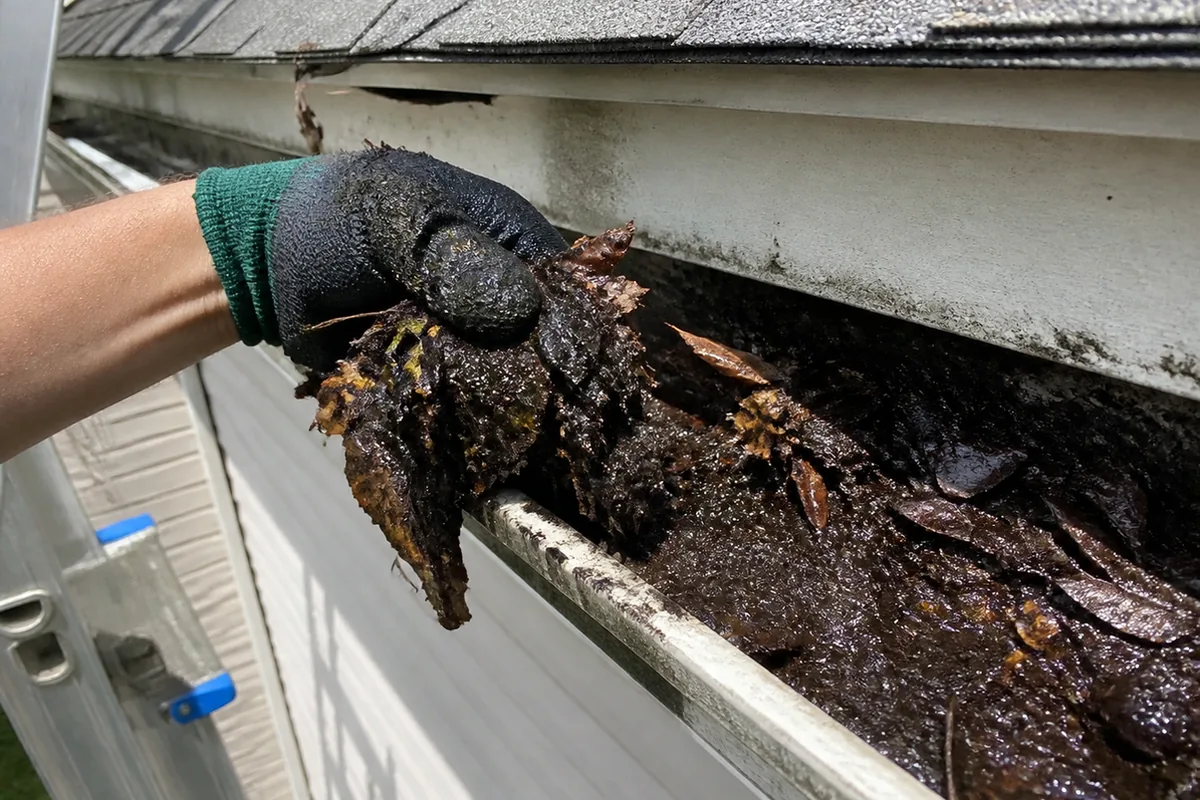 A hand pulling a mat of wet leaf debris out of a clogged gutter section on a ladder, exterior daylight, roof edge visible