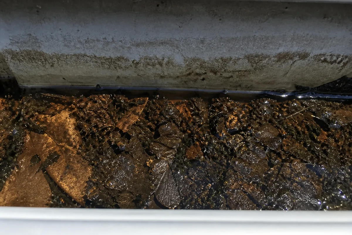 Close macro view of a sagging gutter section holding standing water and decomposed leaf debris, a visible watermark line inside the gutter trough