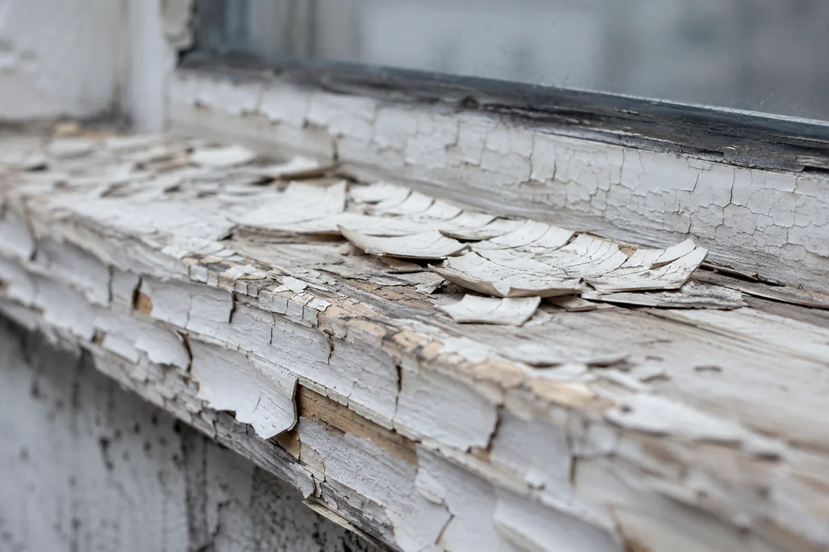 Extreme close-up of cracked, alligatored old paint chipping away on an old wooden window sill