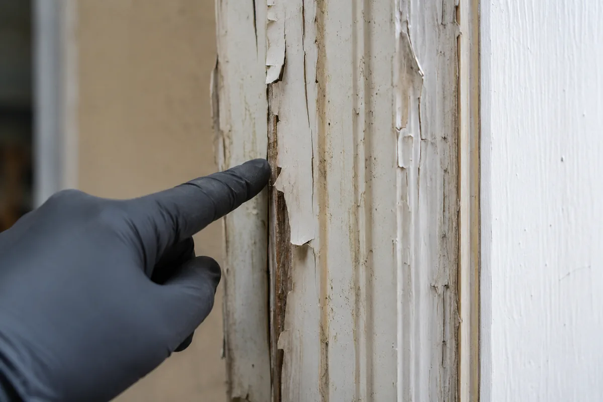 A home inspector's gloved hand pointing to peeling paint and old layers on the wood trim of an older home