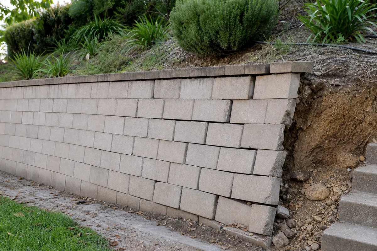 A residential block retaining wall on a hillside lot leaning and bulging outward with stair-step cracking through the blocks and soil pushing behind it