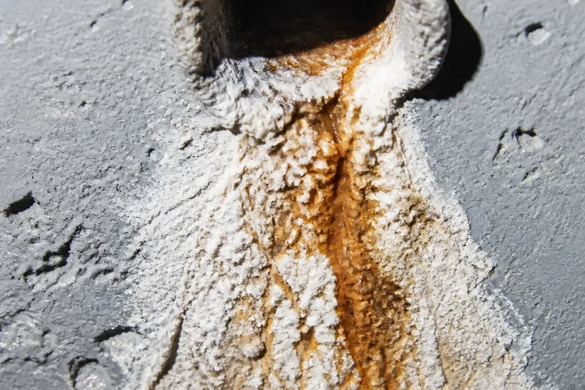Extreme close-up of white mineral efflorescence staining beneath a hillside retaining wall weep hole in Lemon Grove