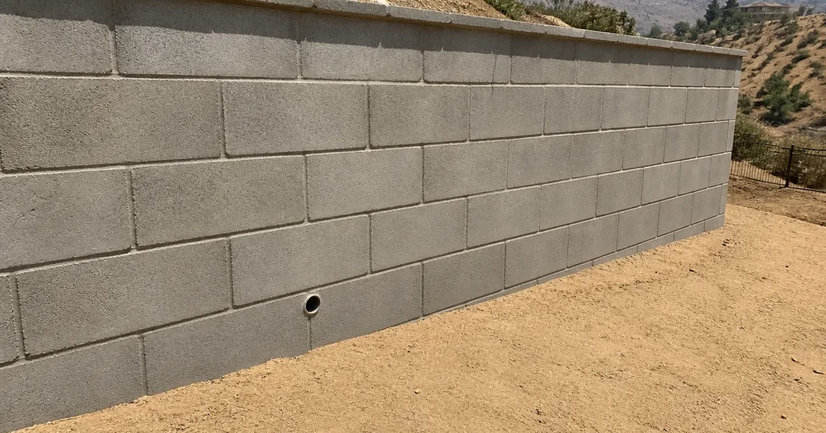 A concrete block retaining wall weep hole in Lemon Grove with no visible drainage staining beneath it, flat midday hillside light