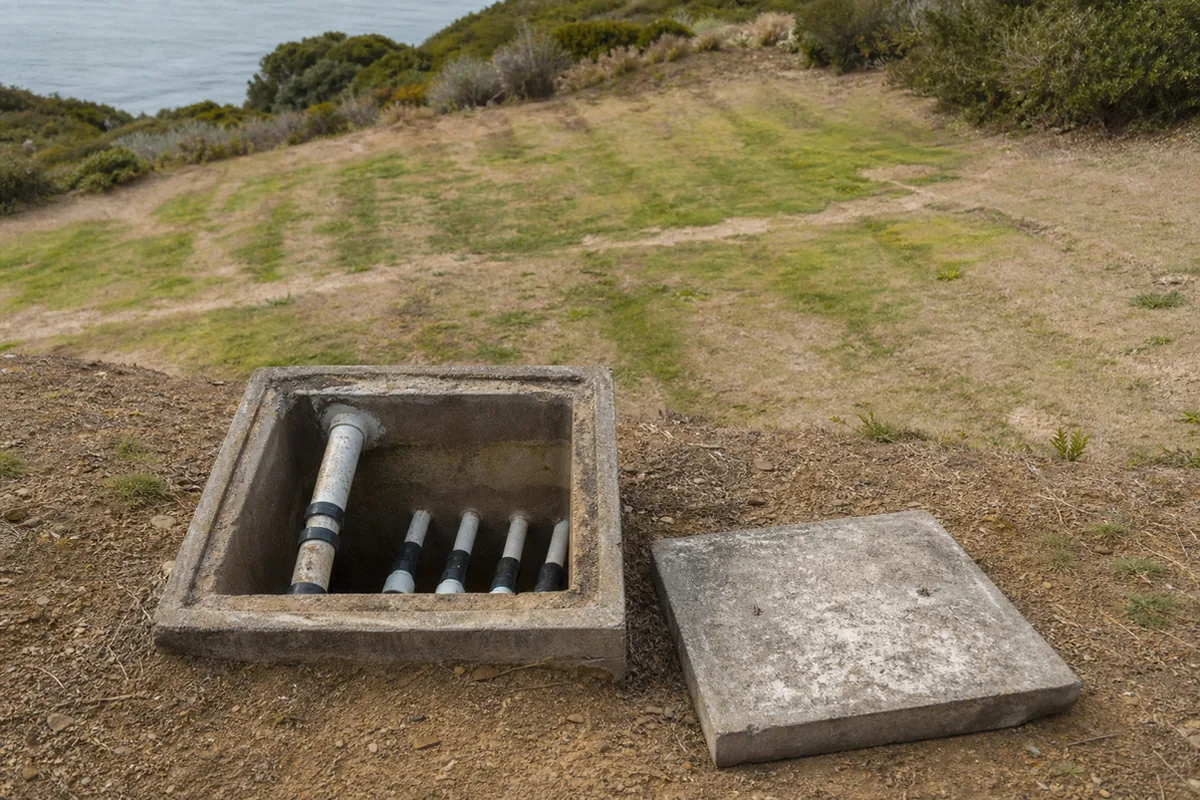 Residential septic distribution box with its concrete lid set aside, exposing inlet and outlet pipes feeding gravel leach trenches across a dry sloped yard