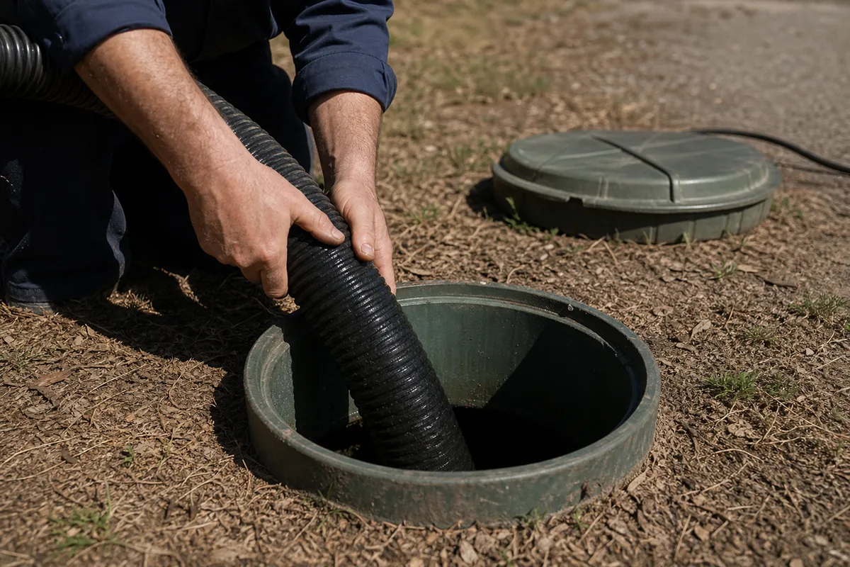 Inspector's hands steadying a corrugated black pump hose lowered into an open septic tank riser in a dry yard