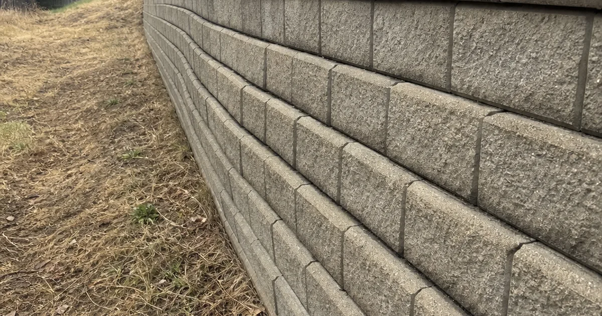 A tract segmental block retaining wall stepping along a graded slope bank between Mission Viejo homes, viewed along its length showing a bulge in the middle courses