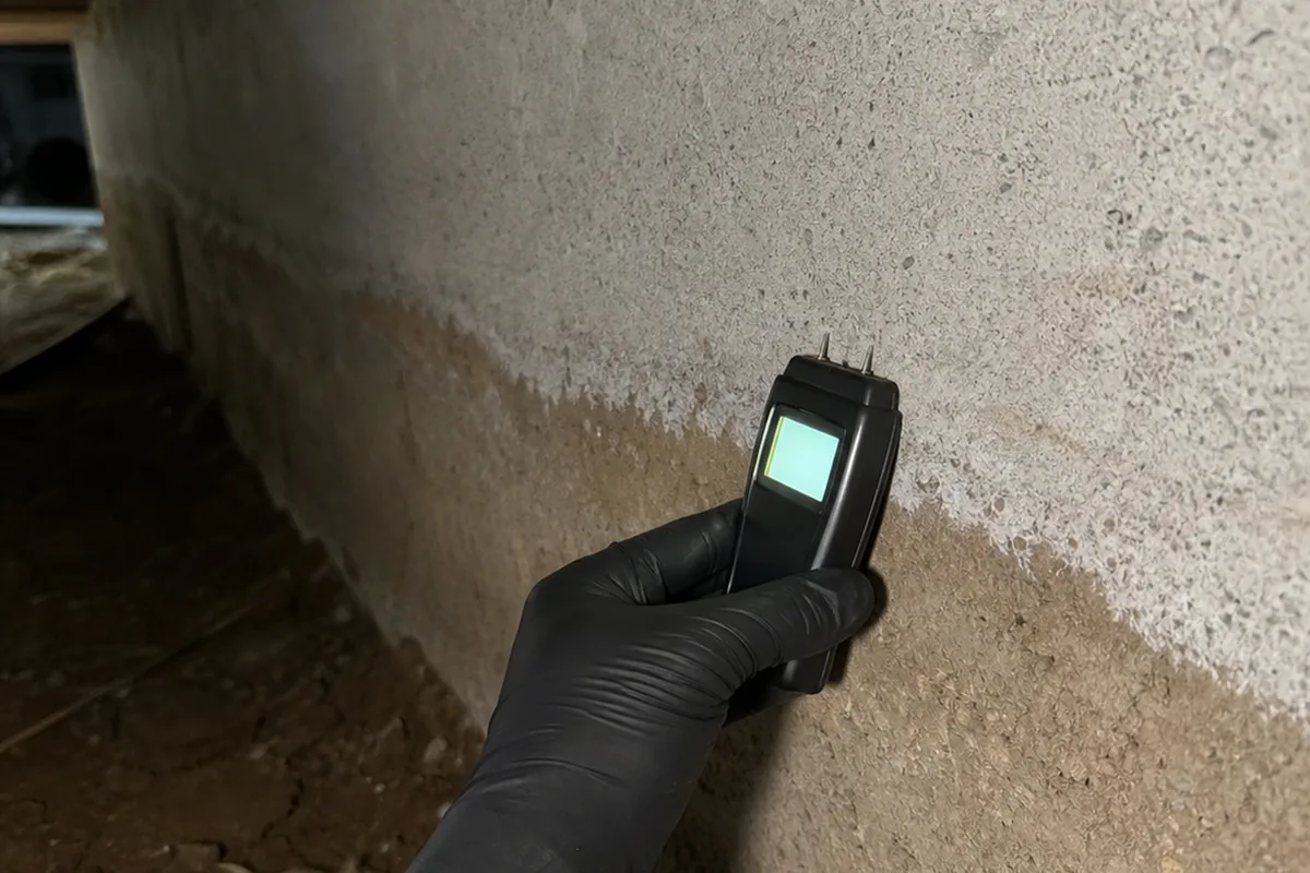 A gloved hand holding a pin-type moisture meter flat against a below-grade foundation wall inside a crawlspace, taking a reading near a stained section