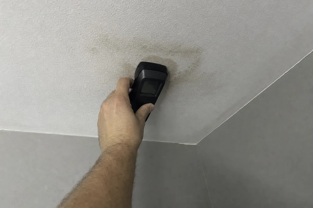 A hand holding a moisture meter flat against the discolored family-room ceiling below an upstairs shower