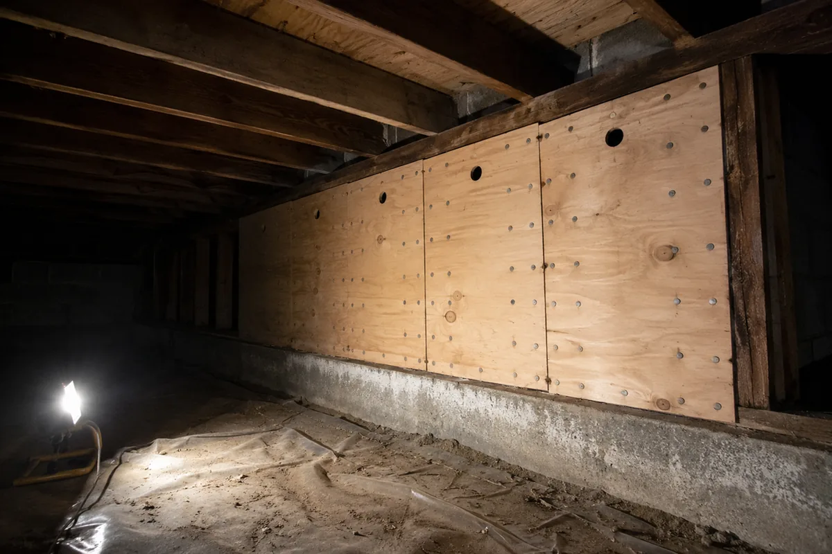 Crawlspace cripple wall braced with new plywood sheathing nailed across the studs in a seismic retrofit