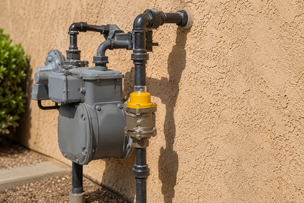 Automatic seismic gas shutoff valve installed inline on the steel riser beside an exterior residential gas meter