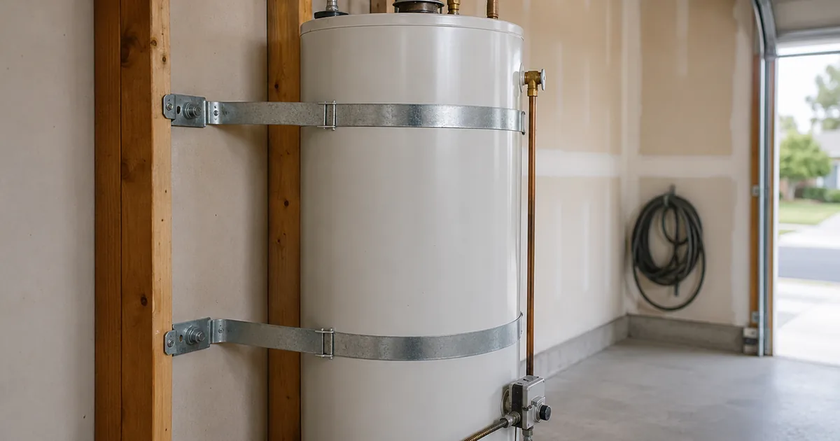 Residential water heater in a garage secured with two metal seismic straps anchored to the wall framing
