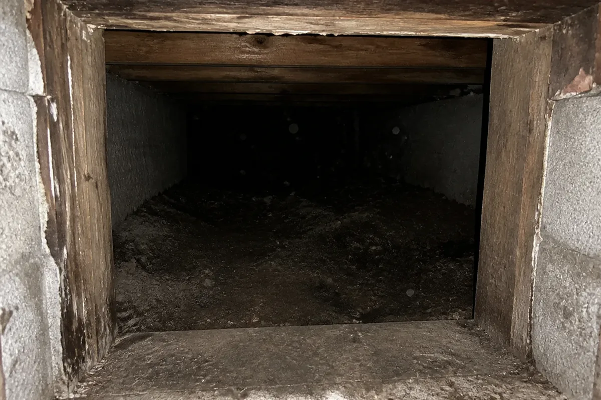 A National City crawlspace access point with visible damp soil and framing shown under hard flash, no people