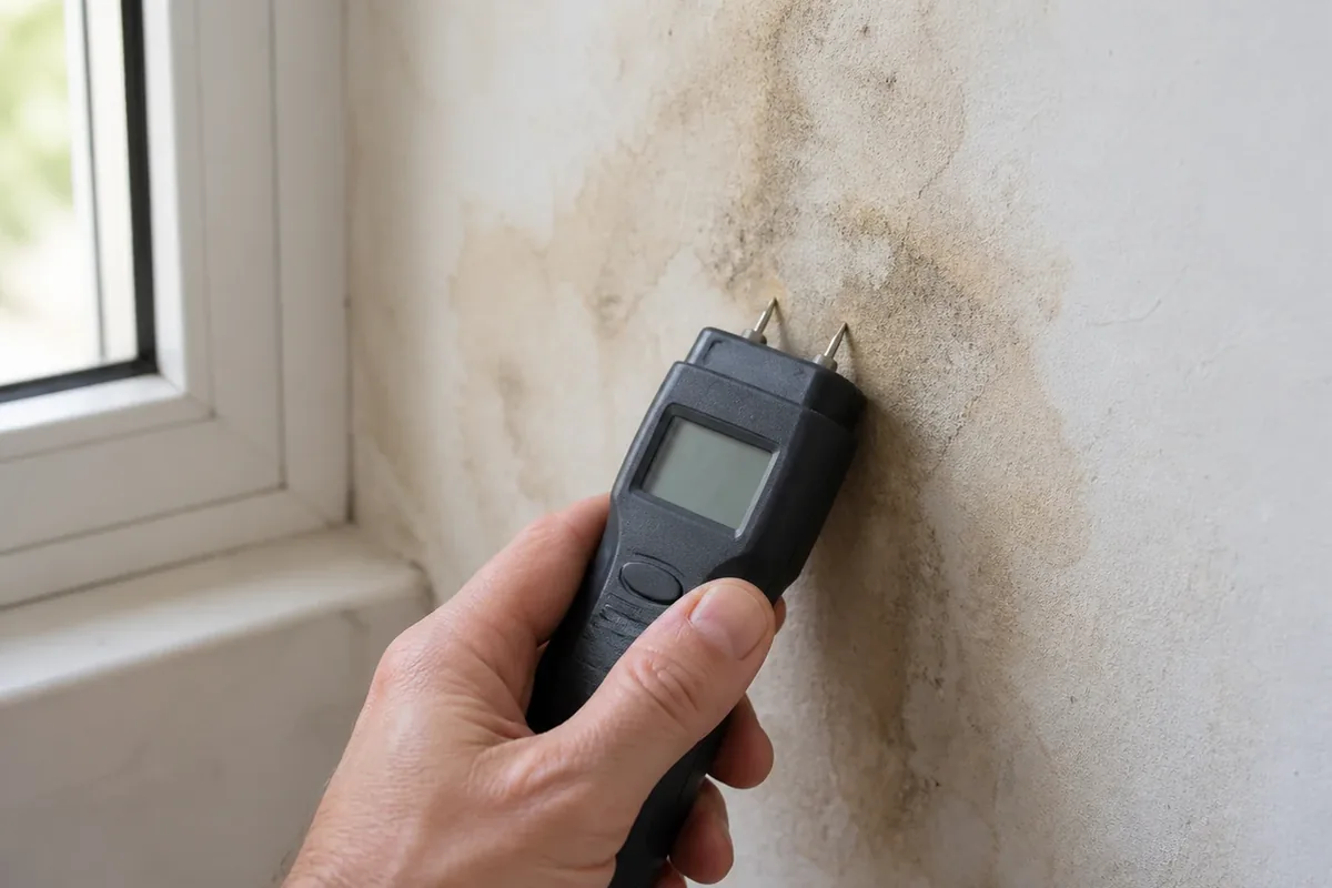 A hand holding a moisture meter probe against a stained interior wall surface near a window, reading logged for the report
