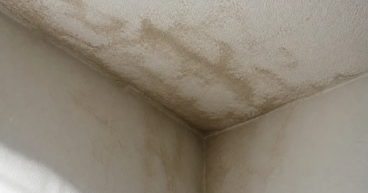 A water-stained ceiling corner in an older National City home with visible discoloration and no obvious source overhead