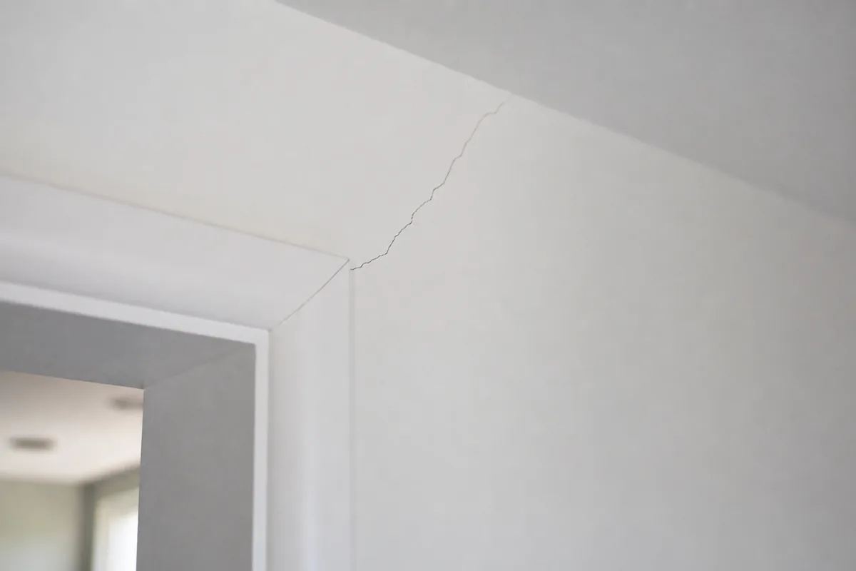 Thin diagonal hairline crack running from the upper corner of an interior doorway through fresh white drywall in a newly built home