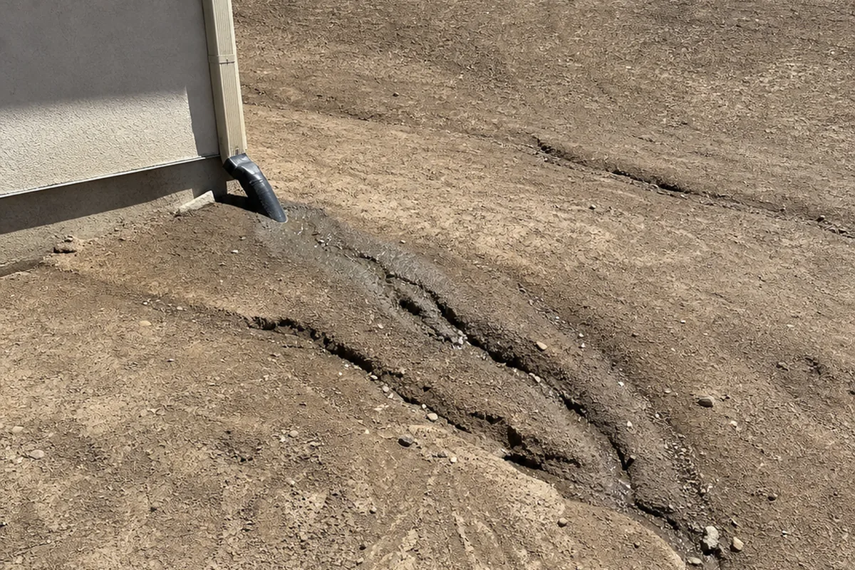 Newly graded residential building pad with a shallow drainage swale and a downspout outlet, showing erosion rilling on the fresh grade
