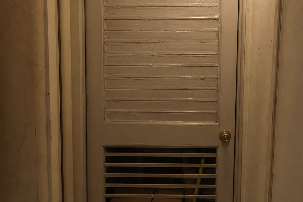 A cramped original utility closet with a louvered door largely blocked by stored boxes, restricting the appliance’s combustion-air supply