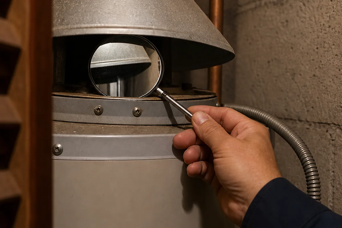 A hand holding a small mirror at a gas appliance’s draft hood during a spillage test, checking whether flue gas is rolling back instead of rising