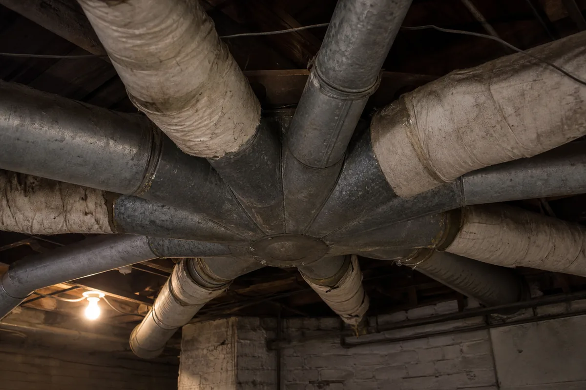 Large round sheet-metal ducts of an old gravity octopus furnace fanning out across a basement ceiling, some wrapped in aged whitish insulation