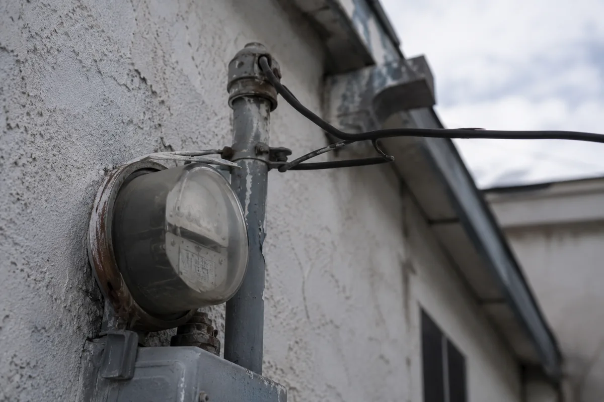 Old residential electrical meter and a weathered service mast on the exterior stucco wall of a 1920s home, with thin overhead service wires