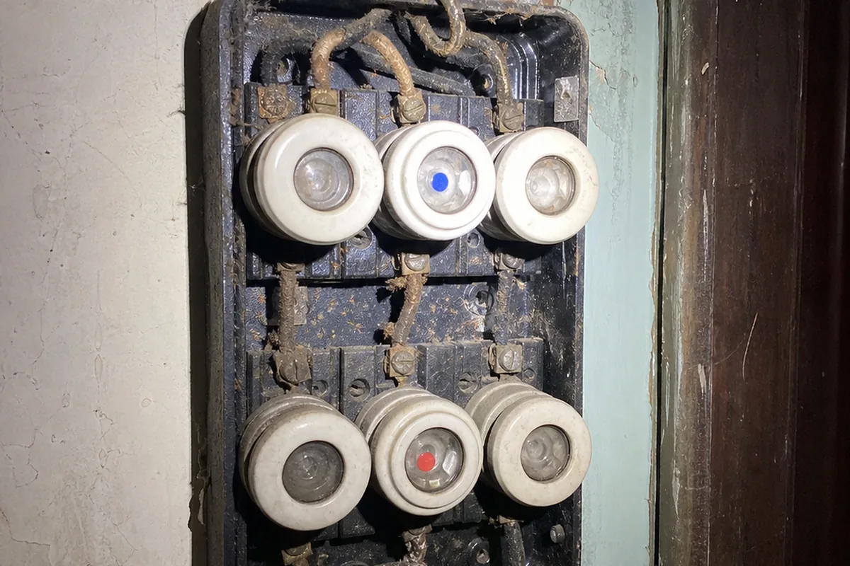 Old residential fuse panel with round screw-in fuses and cloth-insulated conductors on a weathered wall