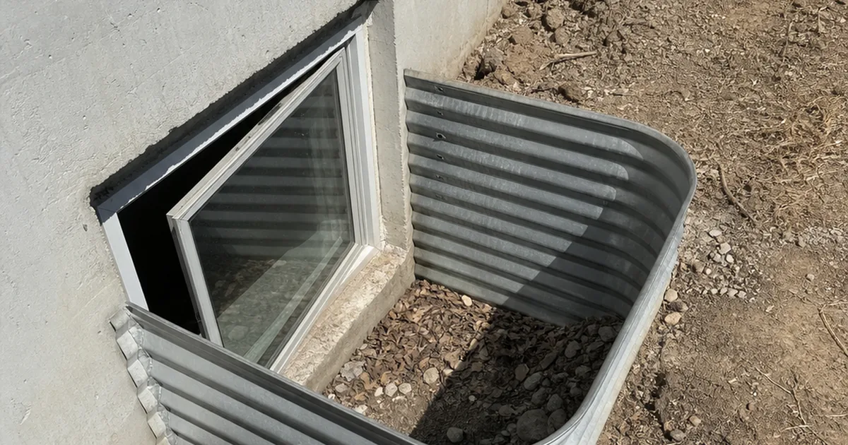 A below-grade bedroom window opening into a shallow window well against a Pacific Palisades hillside foundation