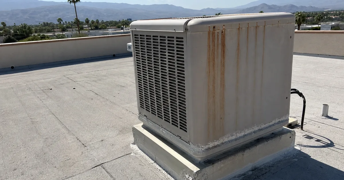 A roof-mounted evaporative cooler cabinet on a Palm Springs mid-century home with a corroded metal side panel and mineral scale visible near the base
