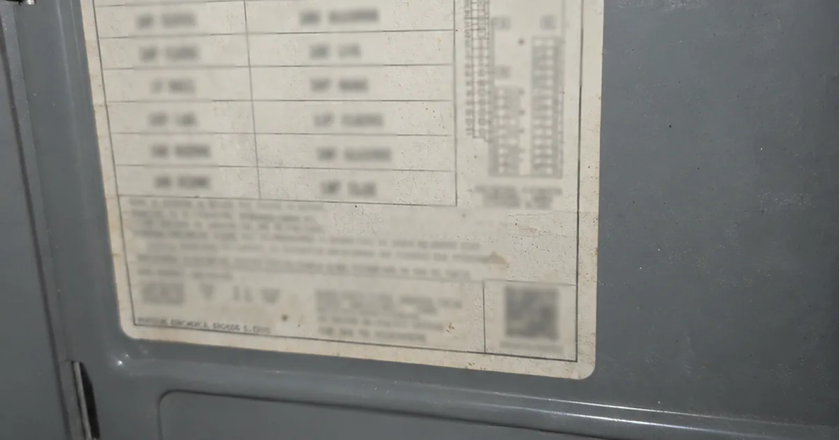 The label and stamped date code inside an open electrical panel door above a row of circuit breakers, lit by a camera flash