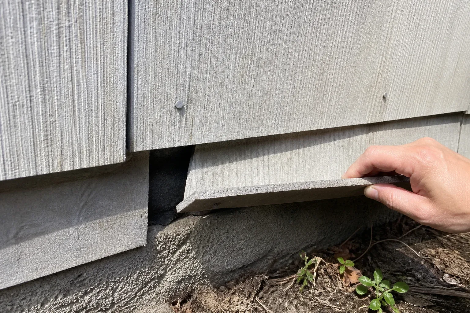 A hand gently lifting the bottom corner of a loose asbestos cement shingle unit away from a Panorama City wall to show its edge thickness and the building paper behind it