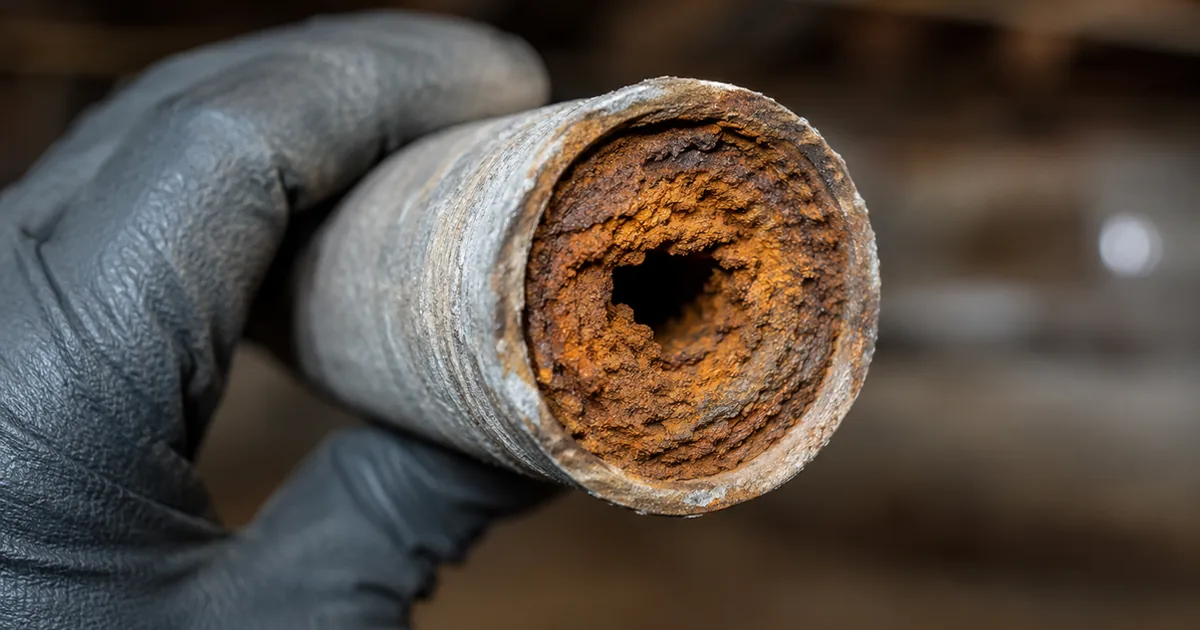 Inspector's gloved hand holding a cut section of old galvanized water pipe showing the interior nearly closed with rust and scale