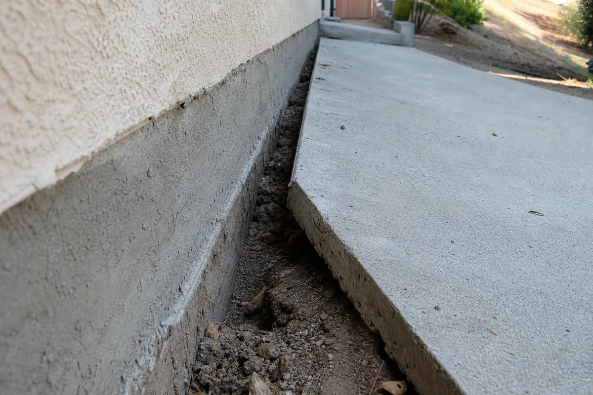 The exterior joint where a concrete patio slab has pulled away from the stucco base of a house, an open gap with the slab tilted down toward the slope and dry soil in the gap