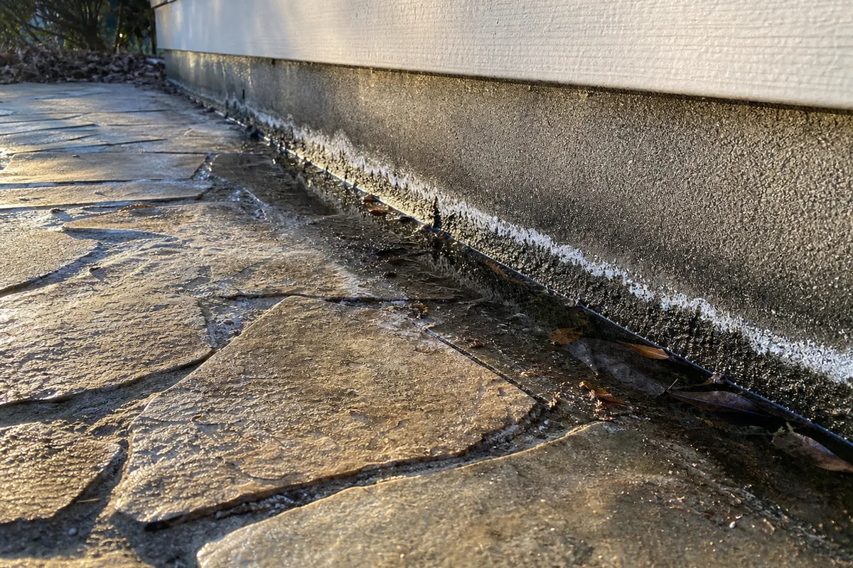 Low raking-light view along a flagstone patio pitched toward a house wall with a shallow puddle and white efflorescent staining at the base