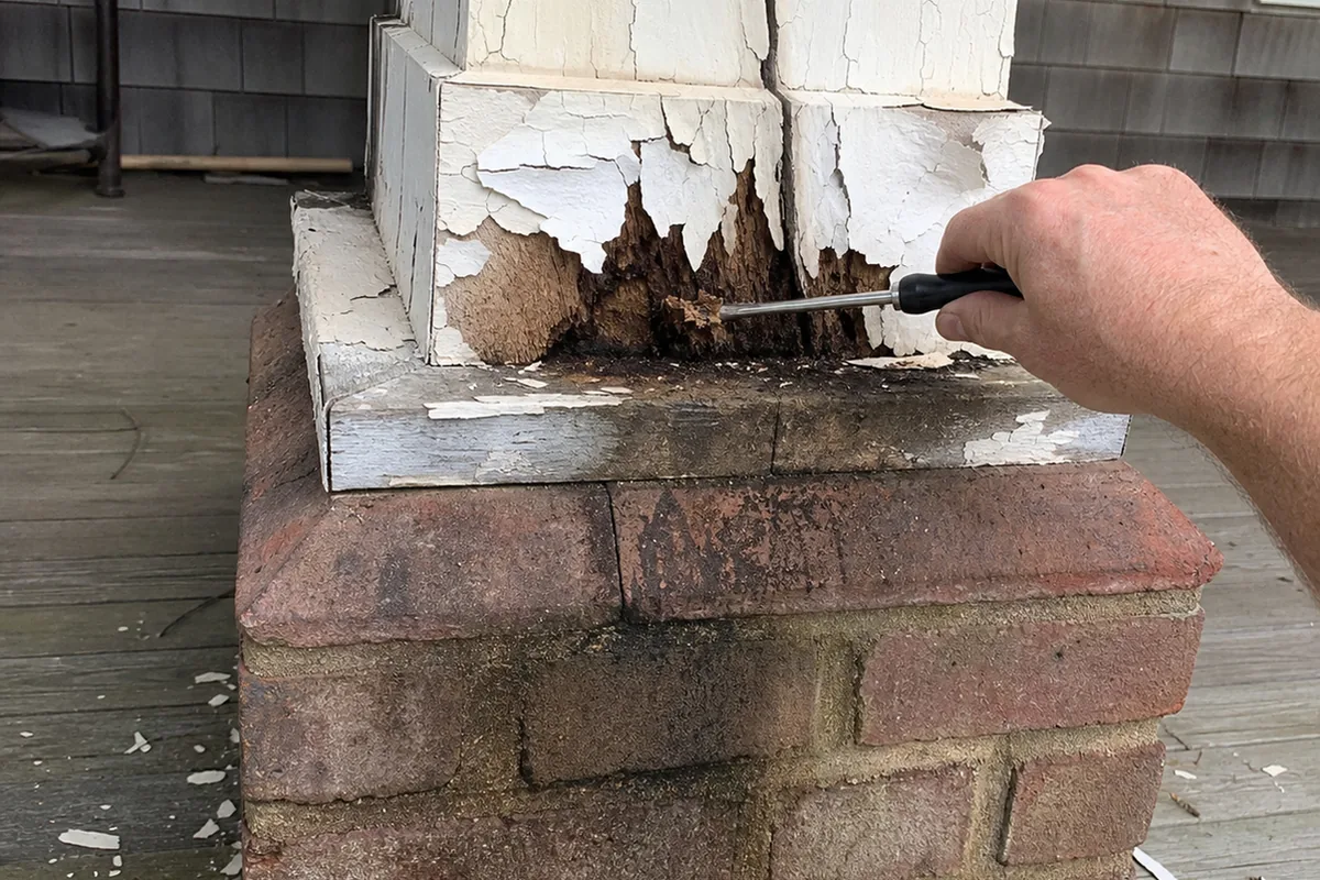 Hand pressing a small screwdriver blade into the soft, punky base of a Craftsman porch column with paint peeling around the probe point