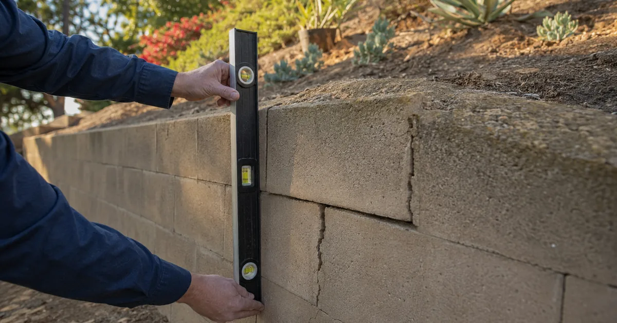 Home inspector checking a leaning hillside retaining wall for movement and drainage on a rural Poway property