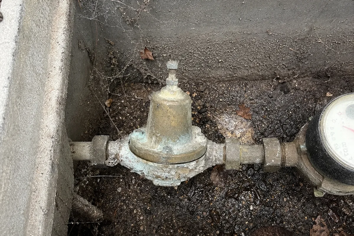 Looking straight down into a ground meter box at a corroded bell-shaped brass pressure reducing valve on the supply line