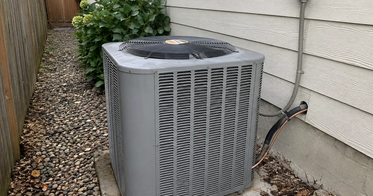 A residential outdoor AC condenser unit in a side yard next to a house, copper refrigerant lines running up the wall