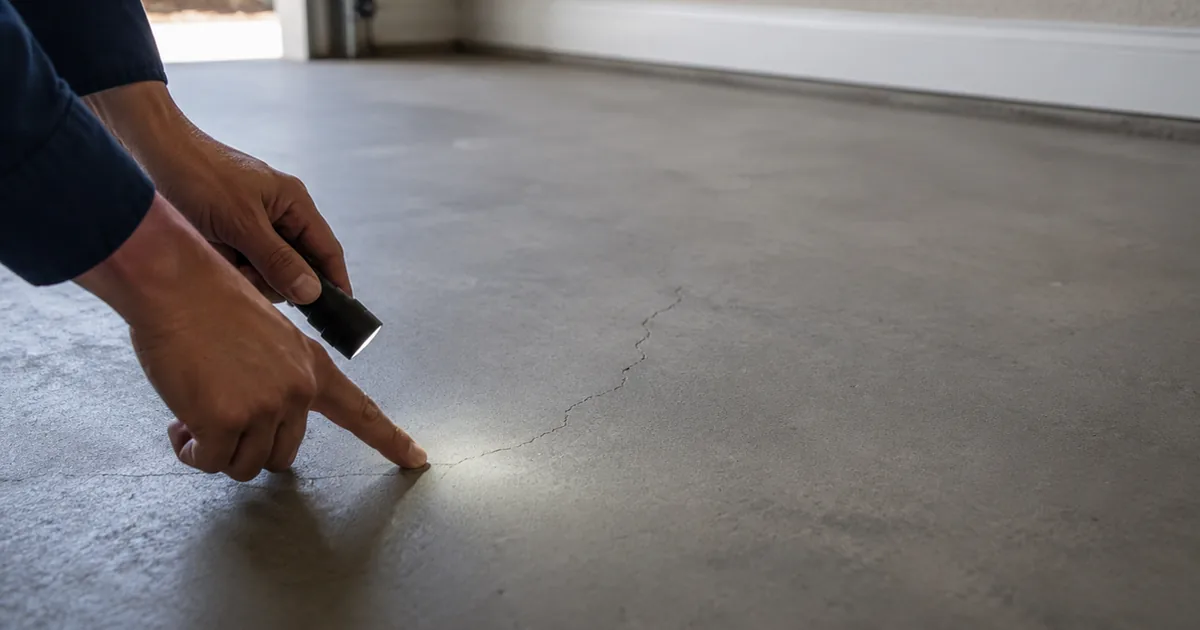 Home inspector examining a hairline crack across a bare concrete garage slab in a Rancho Cucamonga home