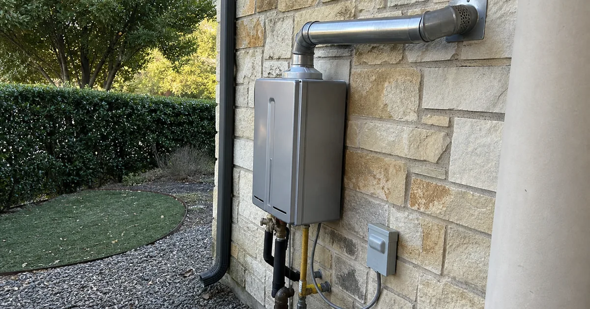 A wall-mounted tankless water heater in a Rancho Santa Fe mechanical closet with a stainless steel Category III vent pipe running to an exterior wall