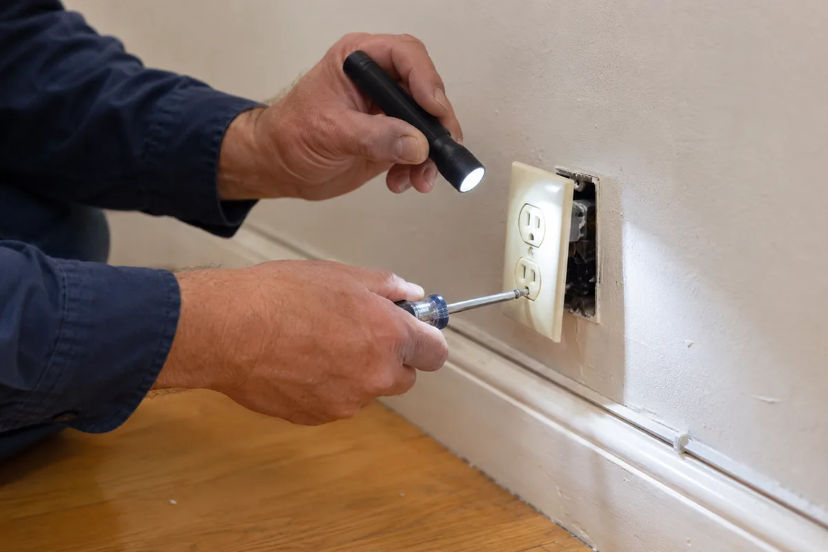 Home inspector using a flashlight and screwdriver to remove a cover plate and inspect the wiring connection at a receptacle in an older single-story home