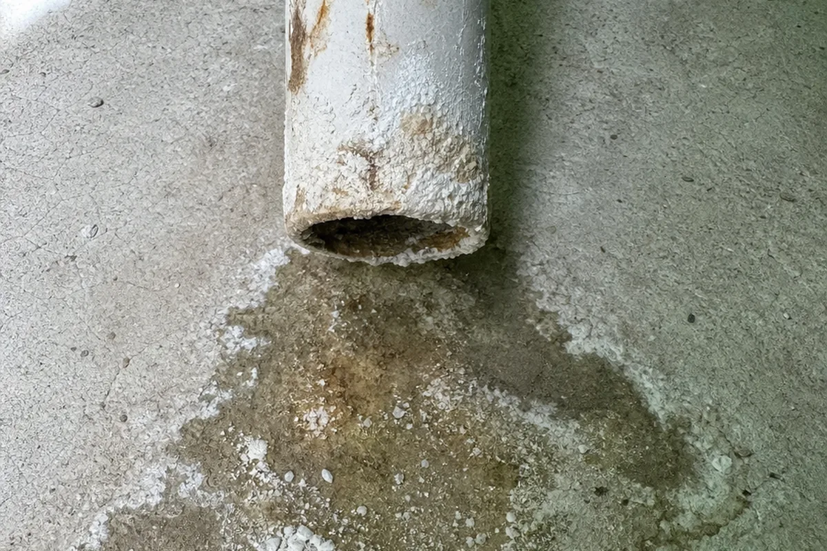 A water heater relief-valve discharge pipe and the concrete floor beneath it crusted with chalky white mineral deposits