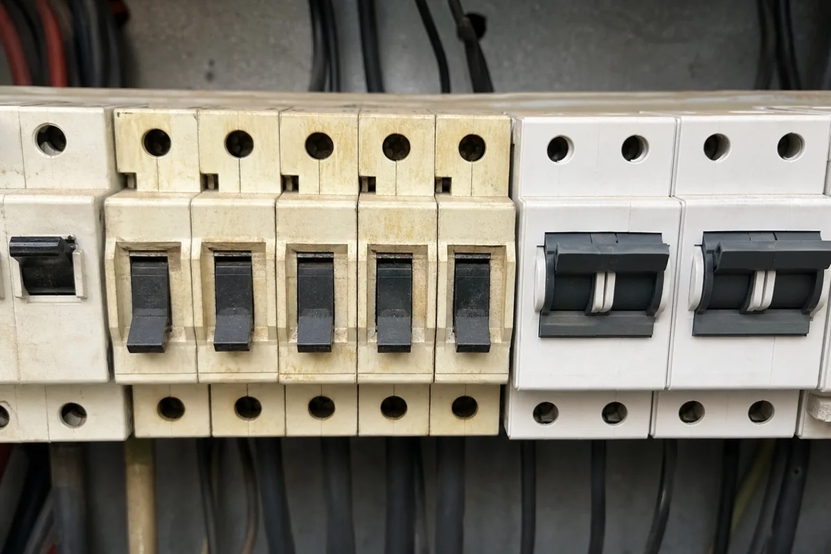 A wide shot of an opened electrical panel during a home inspection showing a mix of older original breakers alongside two visibly newer breakers added later