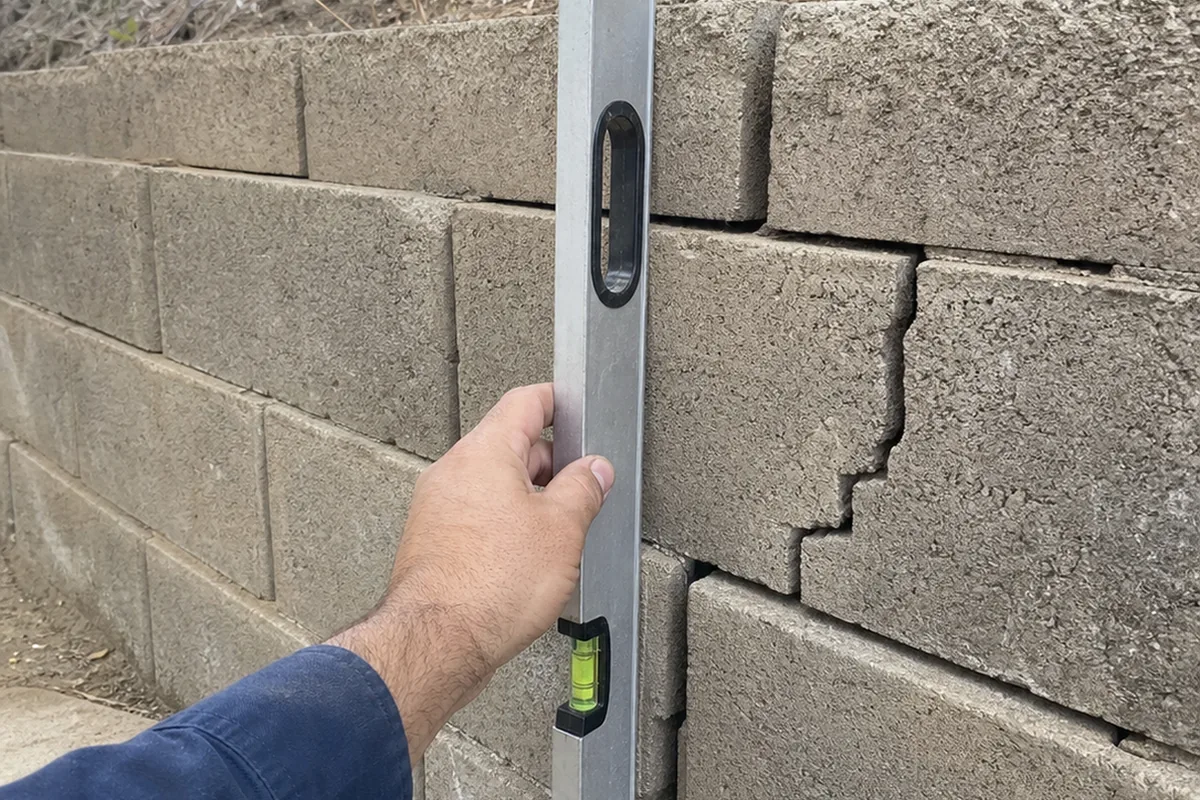 Concrete-block hillside retaining wall leaning outward with a stair-step crack, checked with a spirit level