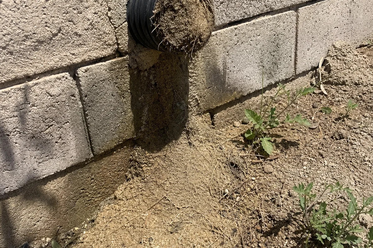 Retaining-wall sub-drain outlet plugged solid with decomposed-granite silt and fine roots, dried sediment fan below