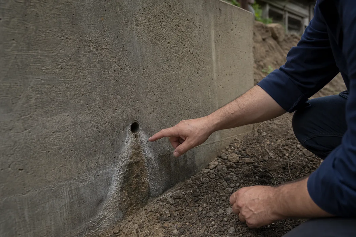 Inspector's hands checking a weep hole at the base of a residential concrete retaining wall on a sloped lot