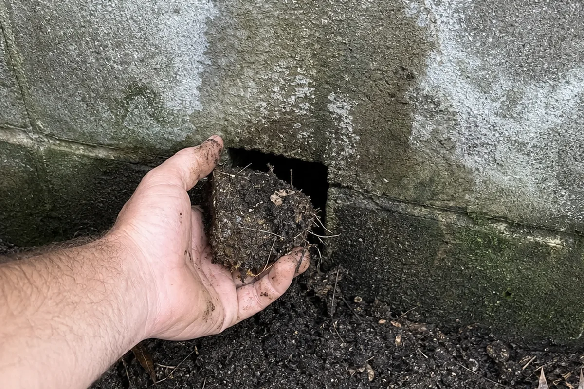 Close view at the base of a concrete block retaining wall where a bare hand pulls a compacted plug of dirt and matted roots out of a small weep hole, a damp stain and white efflorescent bloom spreading on the block above it